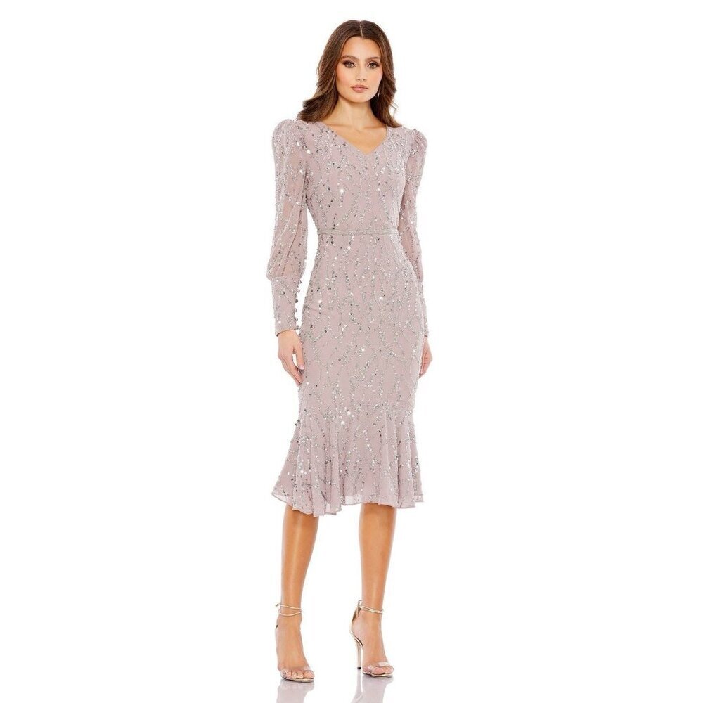 Mac Duggal Size 8 Purple 10767 Sequin V Neck Long Sleeve Cocktail Midi Dress NWT
